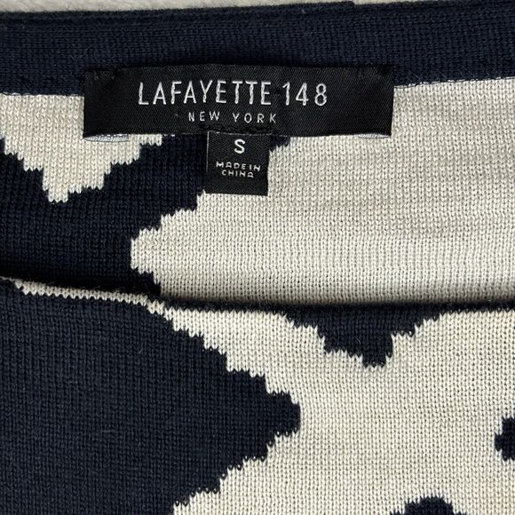 LAYFAYETTE 148 Navy Abstract Silk Blend Long Sleeve Sweater Classy Luxury Preppy - Picture 3 of 9